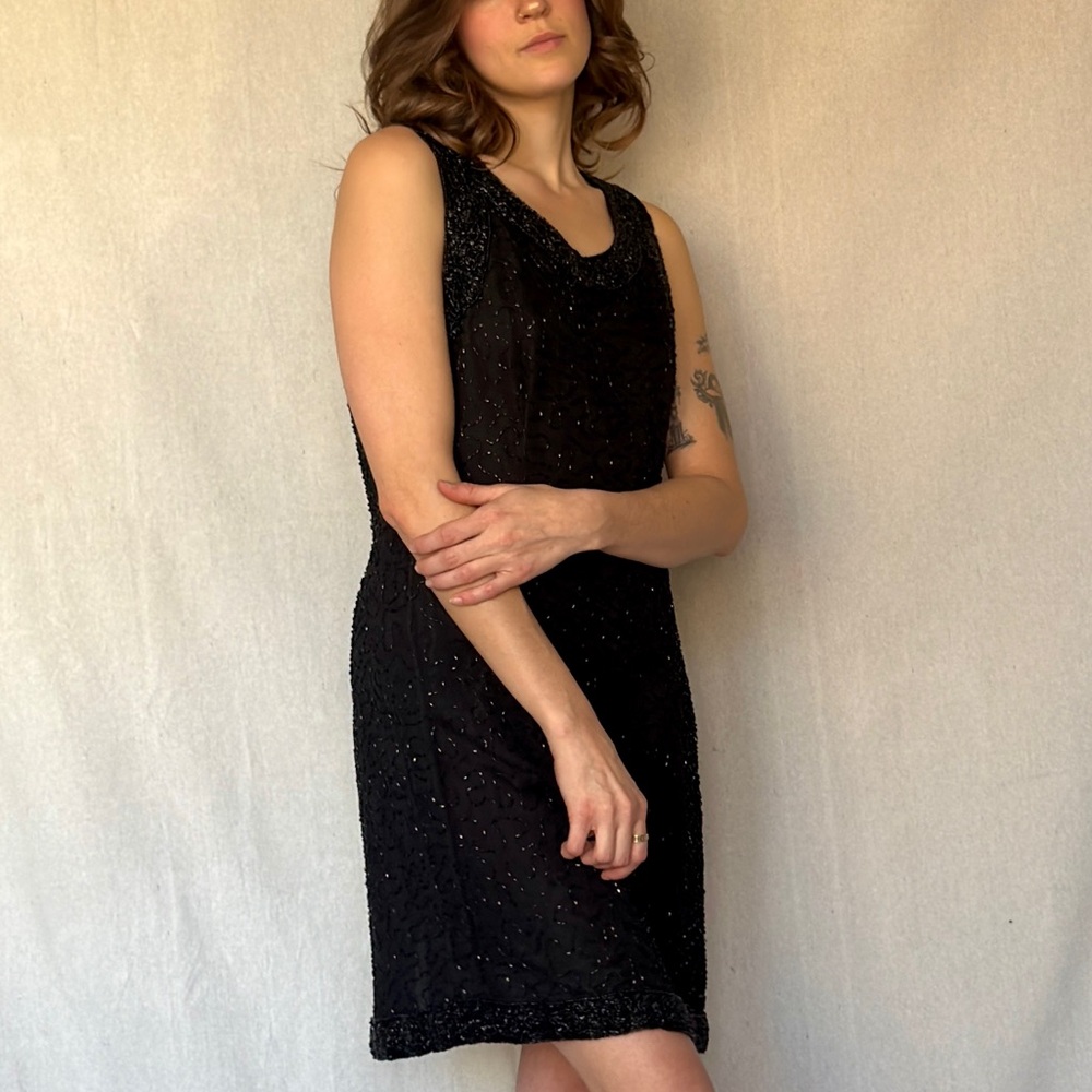 Vintage 90s LBD - Black Beaded Mini Silk Cocktail Wedding Dress - Picture 3 of 8